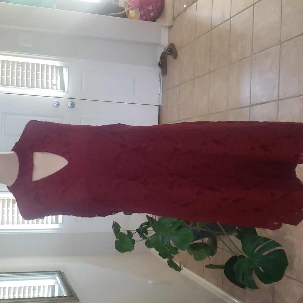 Scarlett 14w red lace eyelet roses sheath midi keyhole neckline